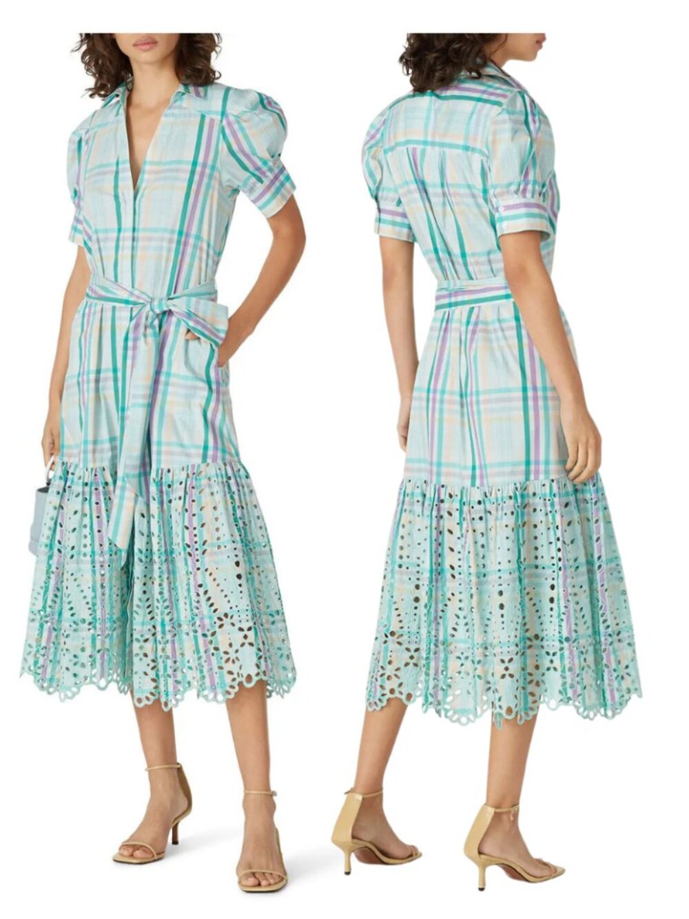 Tanya Taylor Plaid Print Midi Length Dress w Eyelet Lace Detail. Size 8.